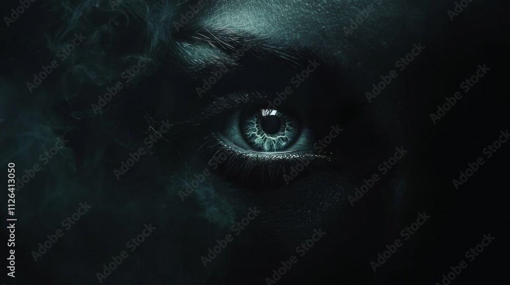 Poster a solitary eye pierces through the enveloping darkness, illuminated by a soft, ethereal light. the g