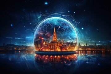 Glowing FOREX graph hologram, aerial panoramic cityscape of Singapore at sunset. Stock and bond trading in Asia. The concept of fund management. Double exposure.
