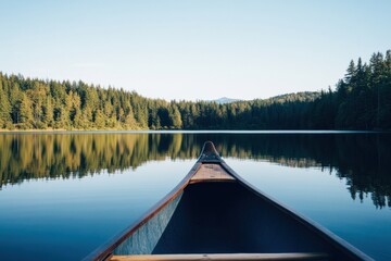 A canoe is floating on a lake with trees in the background