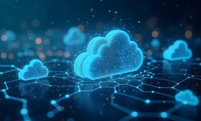 Glowing Cloud Technology in a Blue Space with Pattern and Connections of Data, Generative AI