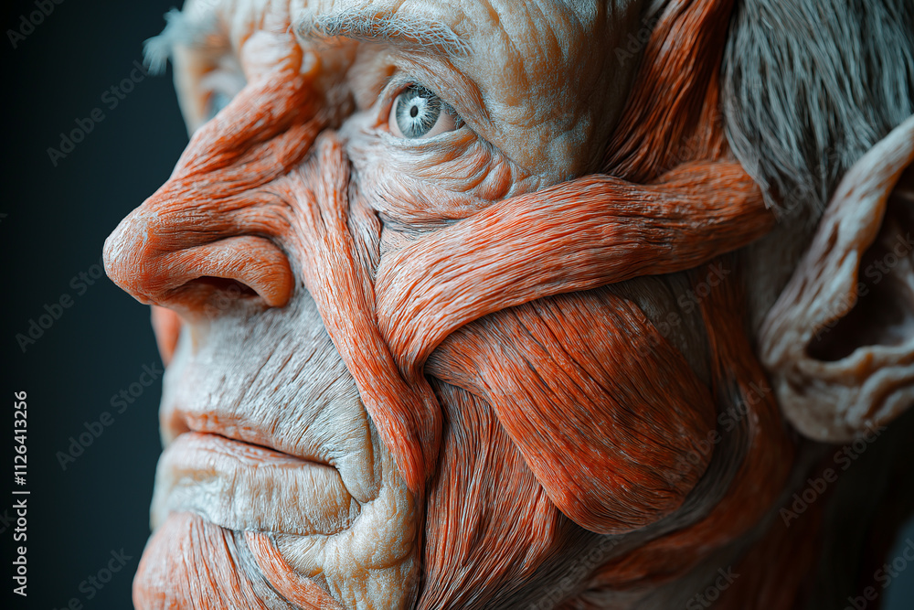 Poster detailed anatomical model showcasing facial muscles and structures in close-up. generative ai