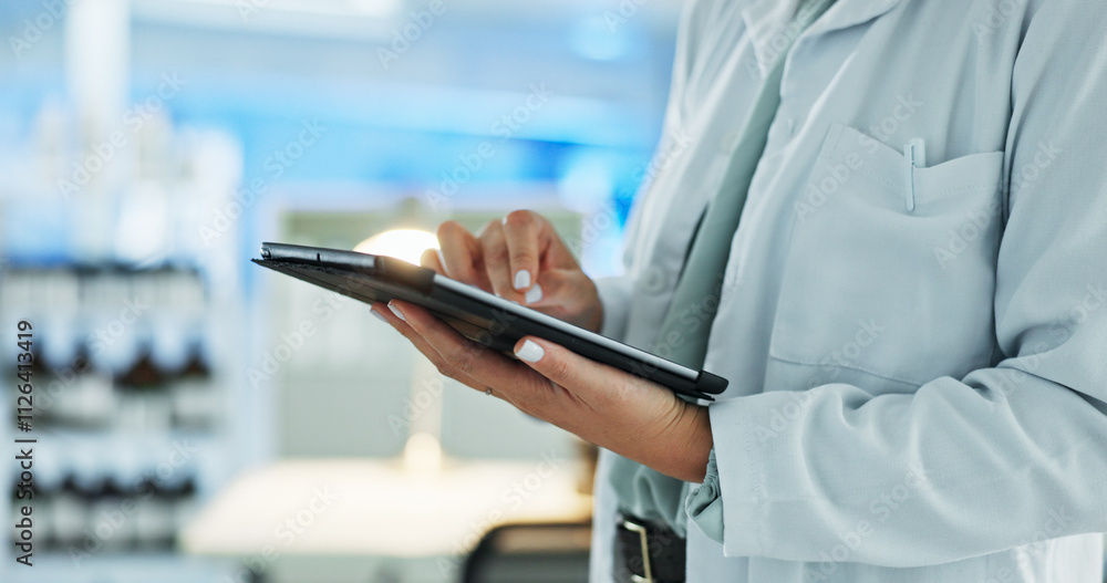 Poster scientist, hands and tablet for research, notes and experiment results or medical information. woman