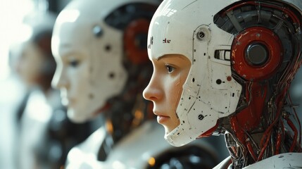 Fototapeta premium Close-up of humanoid robot faces in a futuristic setting