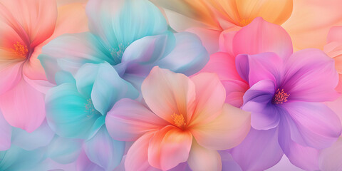 Fototapeta premium Colorful pastel flower background with vibrant petals in pink, blue, and orange tones.