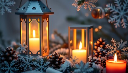 A serene, glowing Christmas lantern surrounded by frosted snowflakes, pine cones, and soft candlelight, creating a peaceful, cozy atmosphere. Ideal for stock use in holiday decor