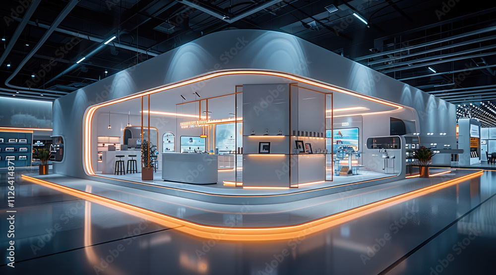 Poster A sleek, futuristic stand design. The spatial design features a modern pop-up store concept with innovative displays and interactive elements, creating an engaging environment for visitors.