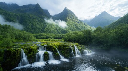Fototapeta premium Lush Green Rainforest with Waterfall Flowing over Mossy Rocks in Tropical Jungle Paradise