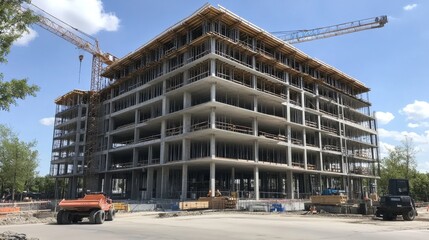 Under-construction multi-story building with scaffolding and urban backdrop