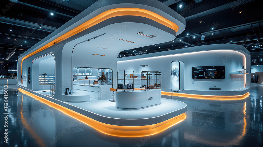 Poster A sleek, futuristic stand design. The spatial design features a modern pop-up store concept with innovative displays and interactive elements, creating an engaging environment for visitors.
