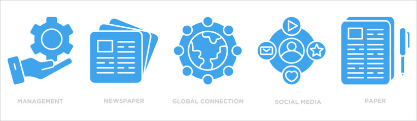 Public relations icon collection set. Containing design management,newspaper,global connection,social media,paper