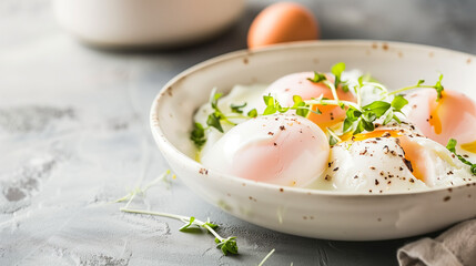 Elegant Close-Up of Gently Poached Eggs on a Table, Perfect for Culinary Promotion and Breakfast Concept