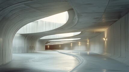 A concrete car park with curved walls and an open space.