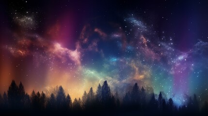 Vibrant Night Sky, Colorful Aurora Borealis, Starry Forest Silhouette, Galaxy Background, Celestial Landscape Print