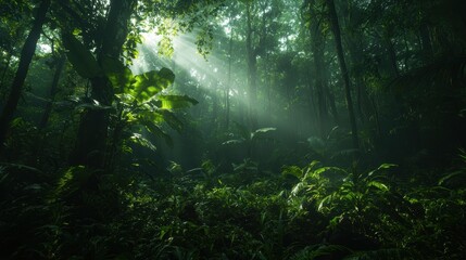 Obraz premium Pristine Rainforest Oasis with Cascading Waterfalls and Lush Greenery Amidst Misty Serenity