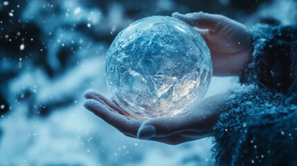 A person is holding a blue ice ball in their hand. The image has a cold and icy feel to it, with the blue color of the ice ball and the snow in the background. The person's hand is covered in snow