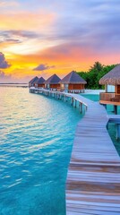 Private Island Retreat with Overwater Bungalows and Sunset