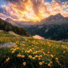 scenic mountain landscape with vibrant wildflowers at sunset