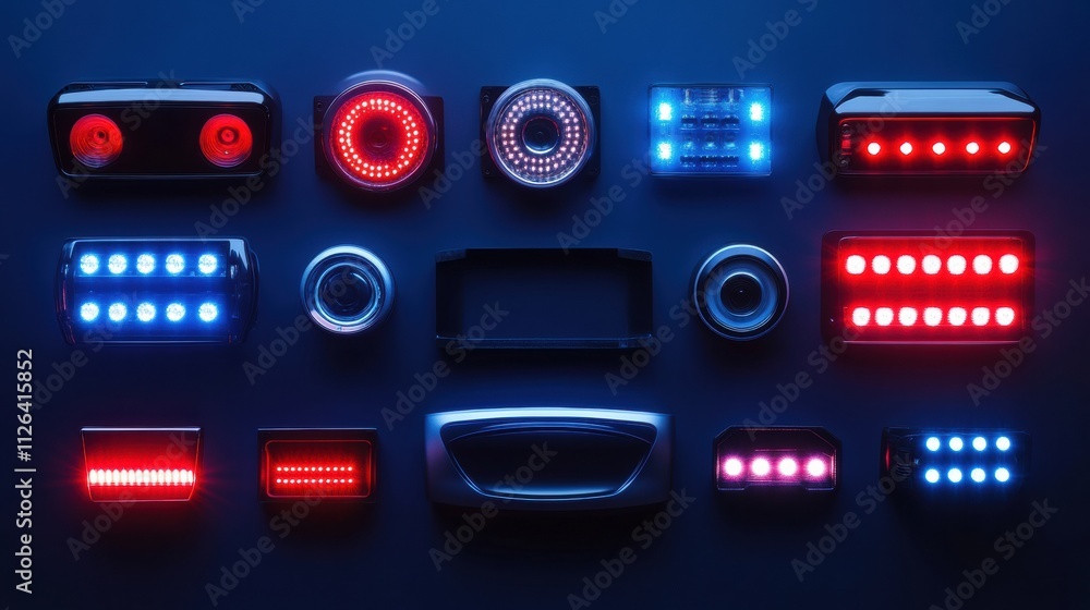 Aufkleber Variety of LED car headlights and tail lights arranged aesthetically on a dark background, providing space for additional text or design elements. Generative AI