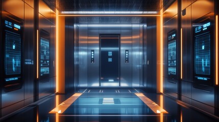A futuristic elevator with a blue and orange color scheme. The elevator is empty and has a futuristic feel to it