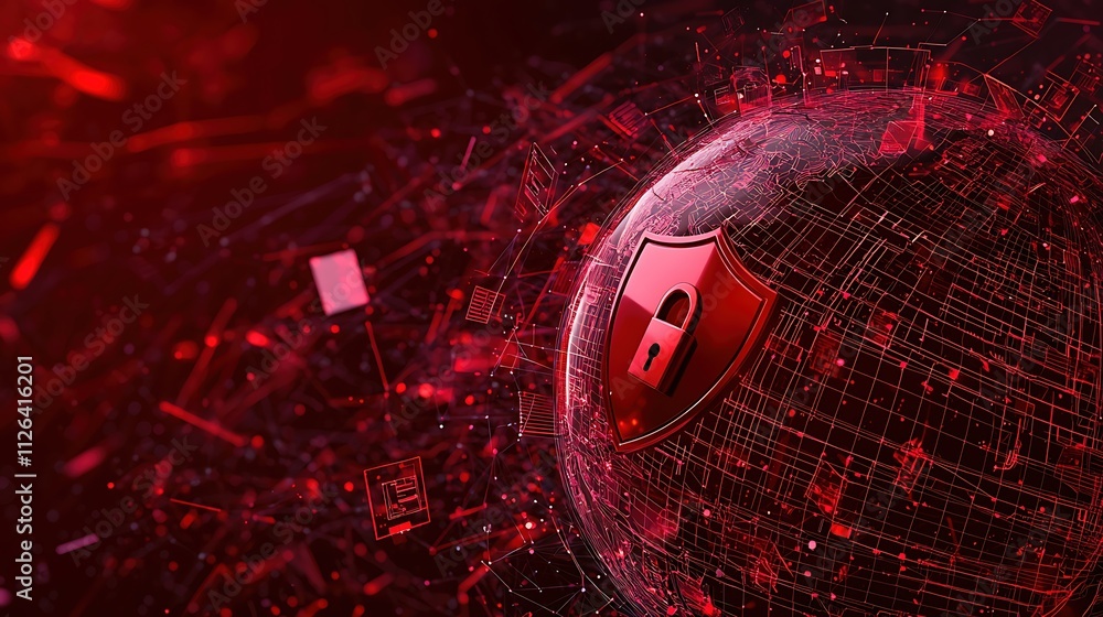 Poster a red background with a red sphere with a lock on it