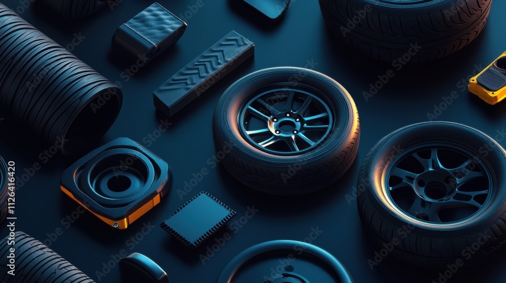 Fototapete Various car tires, rims, and brake pads are arranged artistically on a dark background, creating a visually striking display with copy space. Generative AI