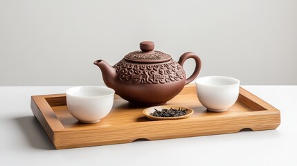 A calm Chinese tea set displayed on a wooden tray aga