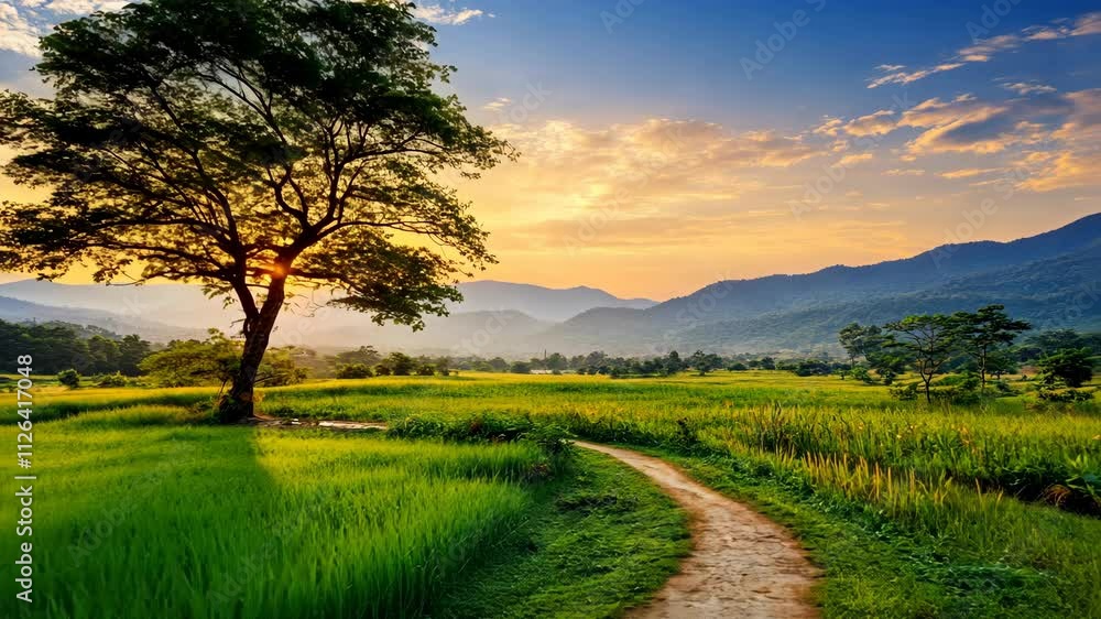 Poster Sunset view over green rice fields with a large tree and mountains in the background