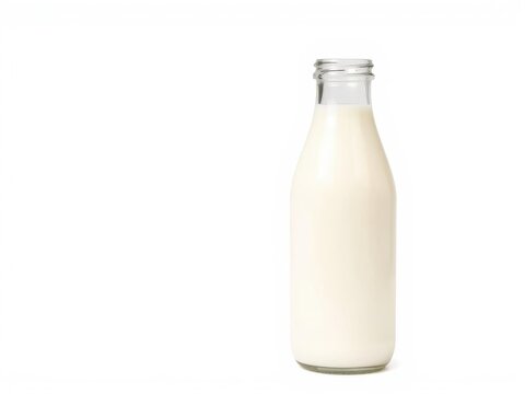 Unopened glass milk bottle filled with fresh white milk isolated on white background, milk