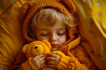A little boy in a bear costume holding a teddy bear