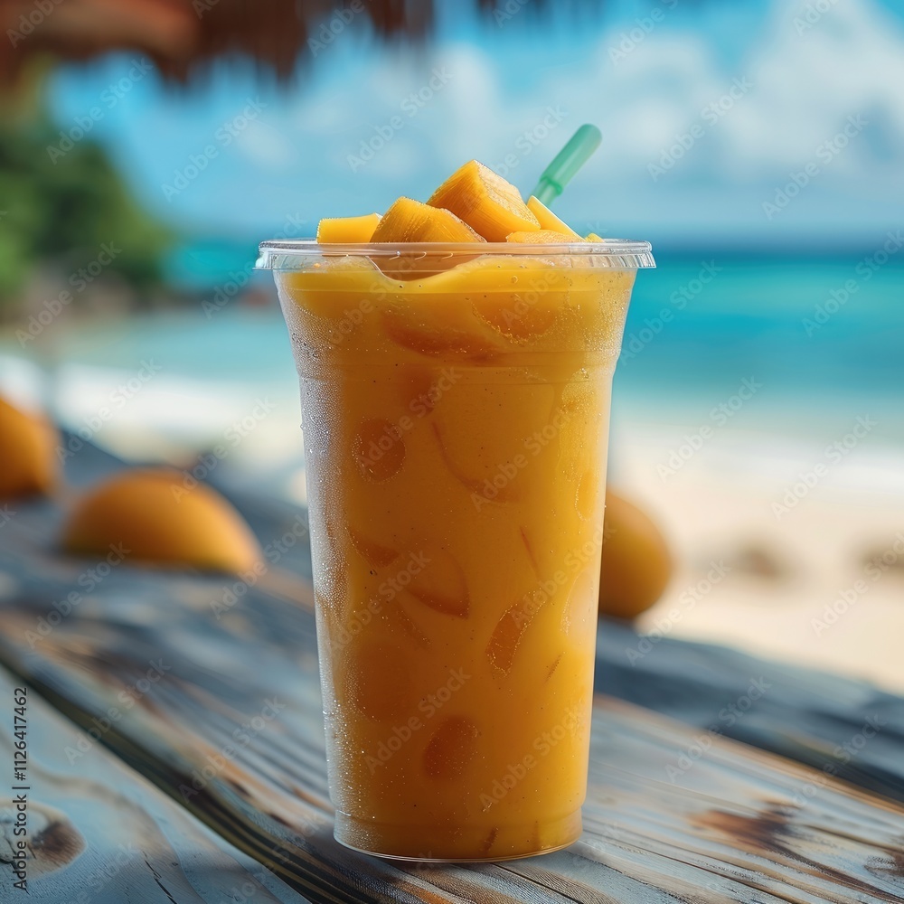 Poster appetizing frozen mango lemonade on a transparent plastic glass with a tropical beach on the backgro