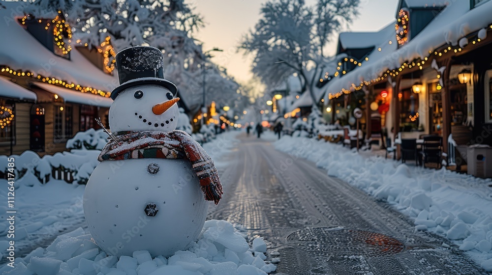 Poster a whimsical snowman with button eyes and a carrot nose, standing on a snowy street filled with festi