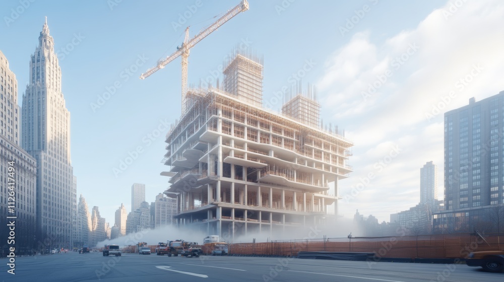 Poster modern building design under construction in urban environment showcasing innovative architecture te