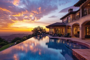 Obraz premium Mediterranean-inspired villa with terracotta roof, luxurious pool, and a vibrant sunset sky creating a warm, inviting ambiance