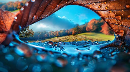 The inside of a raindrop on a leaf, reflecting a distorted yet beautiful landscape