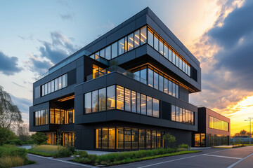 Fototapeta premium Modern black office building at sunset, featuring glass facade, geometric design, and landscaped surroundings, ideal for corporate, real estate, and architecture concepts