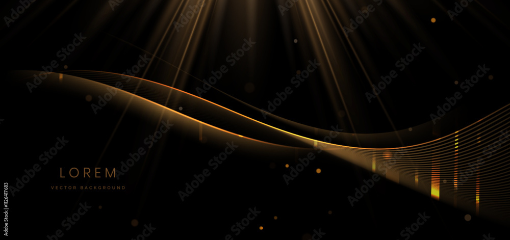 Poster abstract elegant golden wave on black background with lighting effect and sparkle with copy space fo