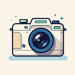 Illustration of a vintage-style camera with a blue lens and off-white body.