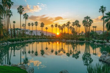 Obraz premium serene sunset reflection over a tranquil pond surrounded by palm trees
