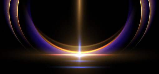 Abstract elegant gold glowing curved ray with lighting effect sparkle on black background. Template premium award design.