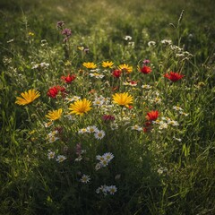 A bouquet of wildflowers in a lush green meadow.