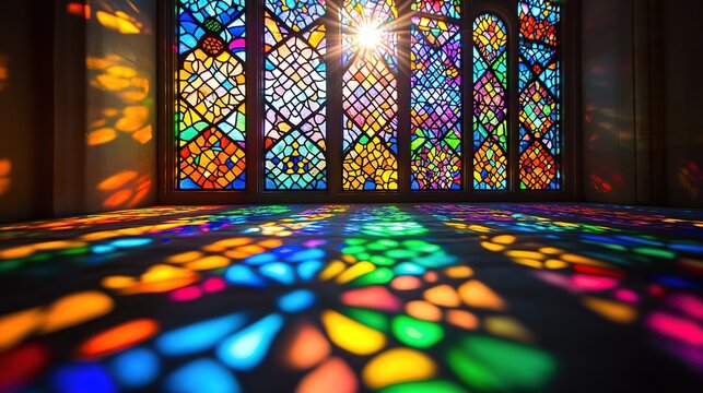A beautiful stained-glass window illuminated by the sun, the patterns representing the colorful spectrum of creativity.