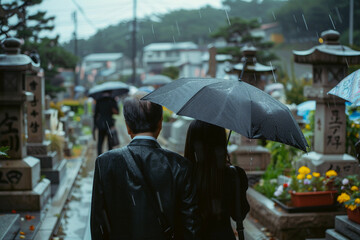 Generative AI image of sad unhappy young woman in cemetery