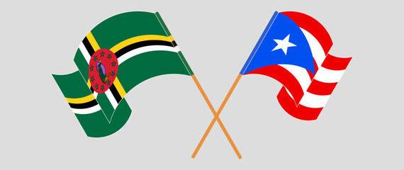 Crossed and waving flags of Dominica and Puerto Rico. Vector illustration