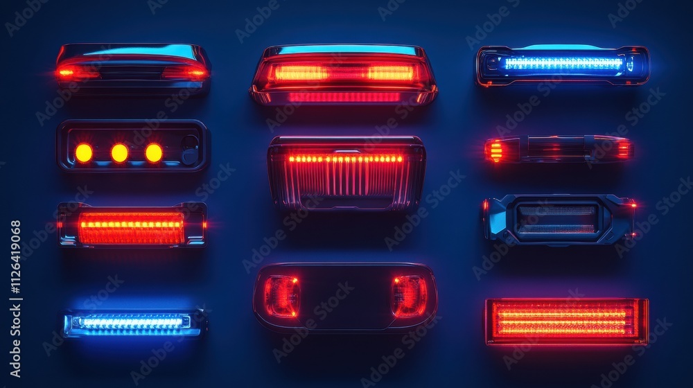 Poster a creative display of led car headlights and taillights features unique designs and vibrant colors, 