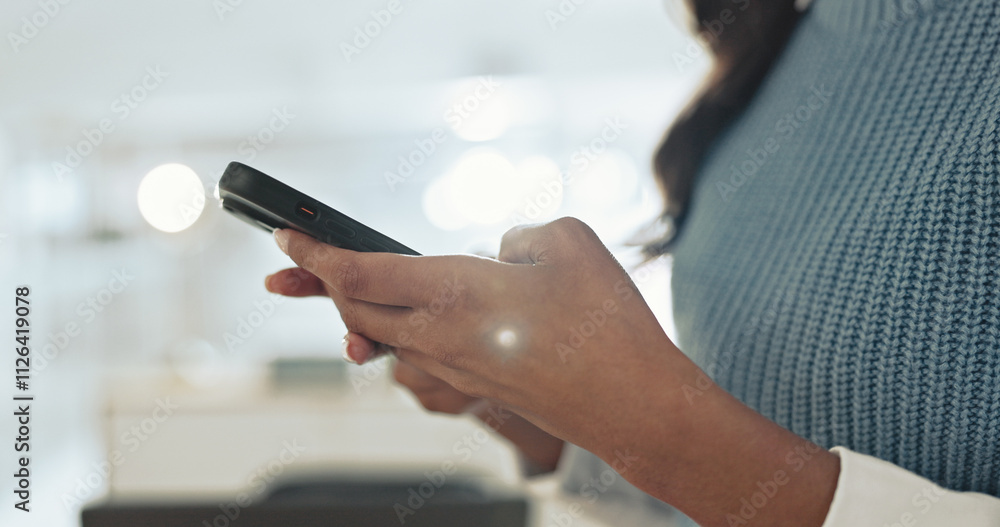 Poster hands, phone and businesswoman in office with typing for email, communication or networking. technol