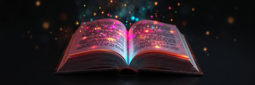 A magical glowing book with vibrant colors on a dark background, reading