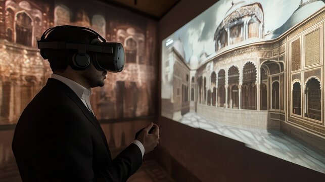 Man in suit uses headset viewing virtual ancient architecture.