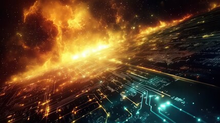 Fiery digital circuit in space.
