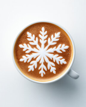 Coffee with snowflake latte art in a white cup on a white background.