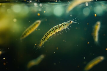 Obraz premium Incredible macro shot of mosquito larvae swimming in freshwater habitat underwater environment nature photography vibrant background close-up perspective fascinating life cycle concept